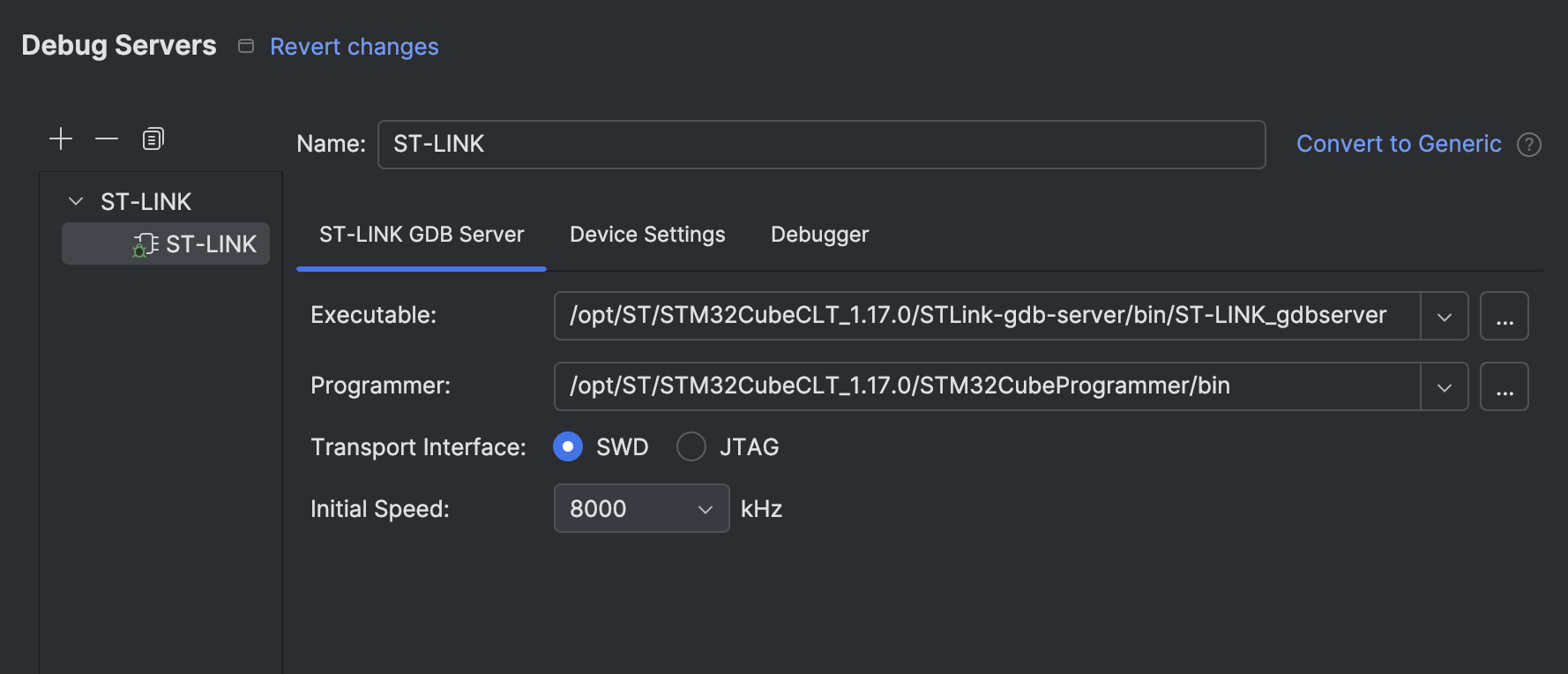 Configuring an ST-LINK debug server